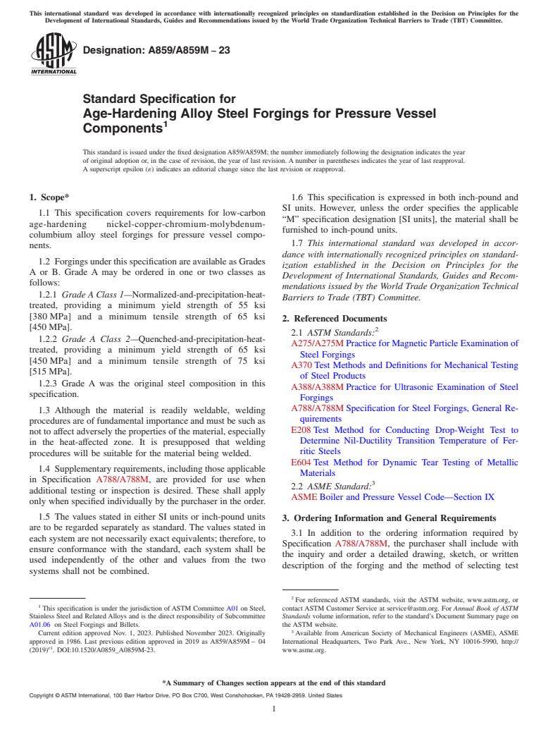ASTM A859/A859M-23 - Standard Specification for Age-Hardening Alloy Steel Forgings for Pressure Vessel Components