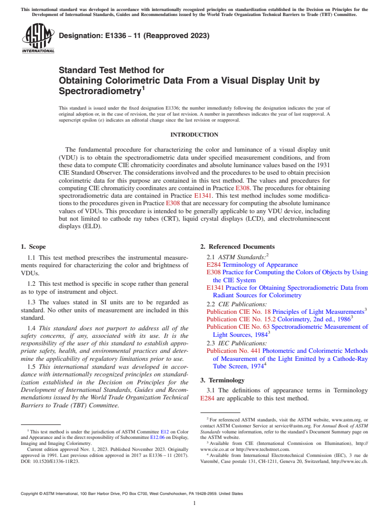 ASTM E1336-11(2023) - Standard Test Method for Obtaining Colorimetric Data From a Visual Display Unit by Spectroradiometry