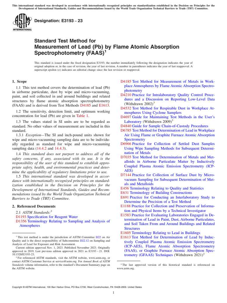 ASTM E3193-23 - Standard Test Method for Measurement of Lead (Pb) by Flame Atomic Absorption Spectrophotometry  (FAAS)