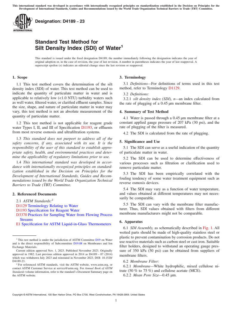 ASTM D4189-23 - Standard Test Method for  Silt Density Index (SDI) of Water