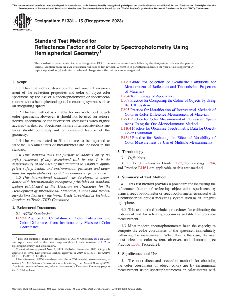 ASTM E1331-15(2023) - Standard Test Method for  Reflectance Factor and Color by Spectrophotometry Using Hemispherical   Geometry