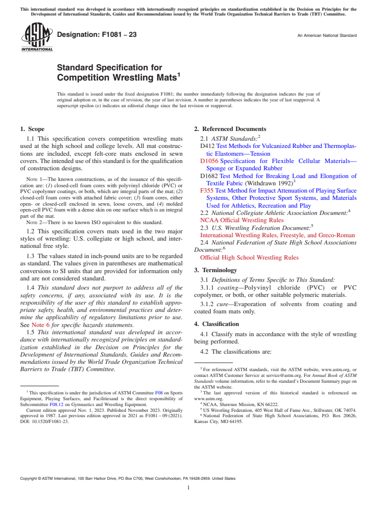 ASTM F1081-23 - Standard Specification for  Competition Wrestling Mats