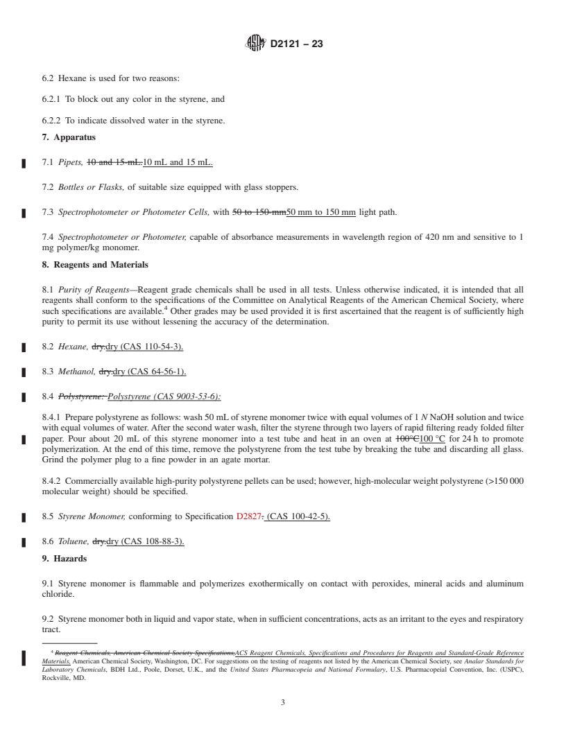 REDLINE ASTM D2121-23 - Standard Test Methods for Polymer Content of Styrene Monomer