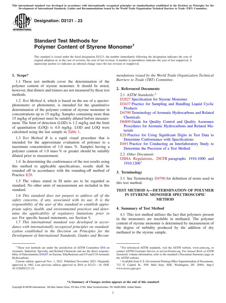 ASTM D2121-23 - Standard Test Methods for Polymer Content of Styrene Monomer