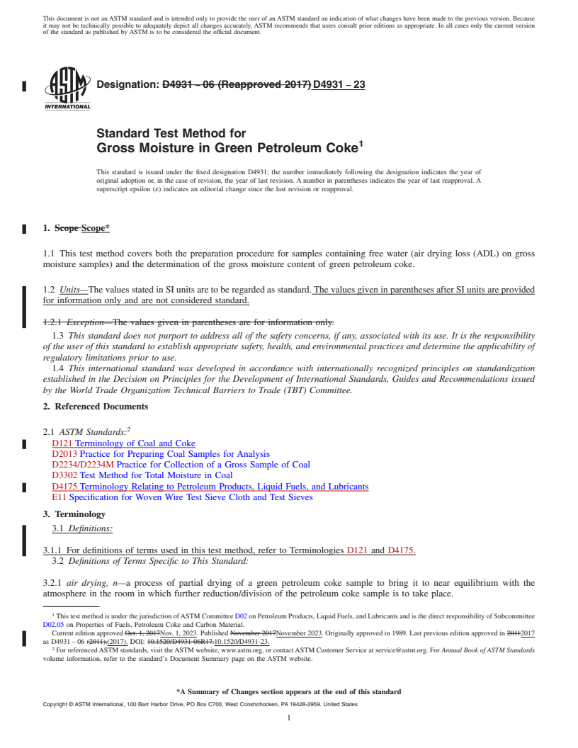 REDLINE ASTM D4931-23 - Standard Test Method for  Gross Moisture in Green Petroleum Coke