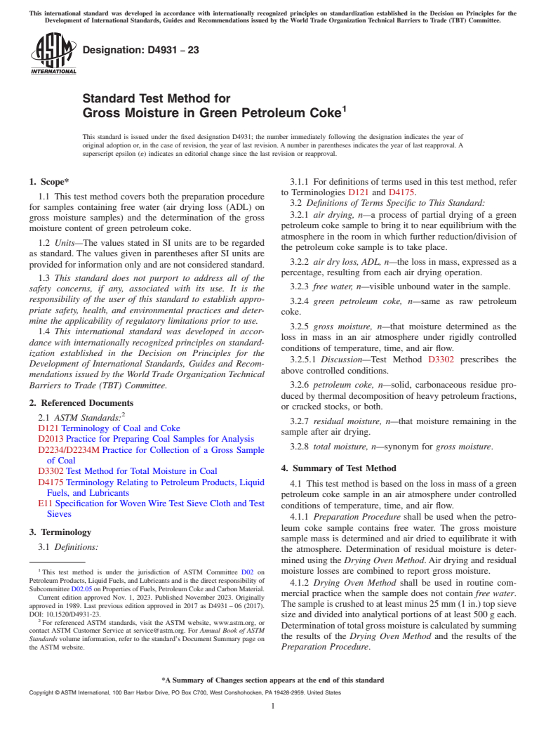 ASTM D4931-23 - Standard Test Method for  Gross Moisture in Green Petroleum Coke