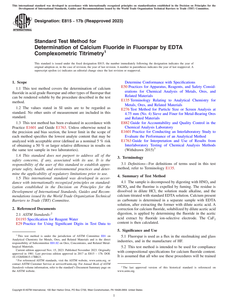 ASTM E815-17b(2023) - Standard Test Method for  Determination of Calcium Fluoride in Fluorspar by EDTA Complexometric  Titrimetry