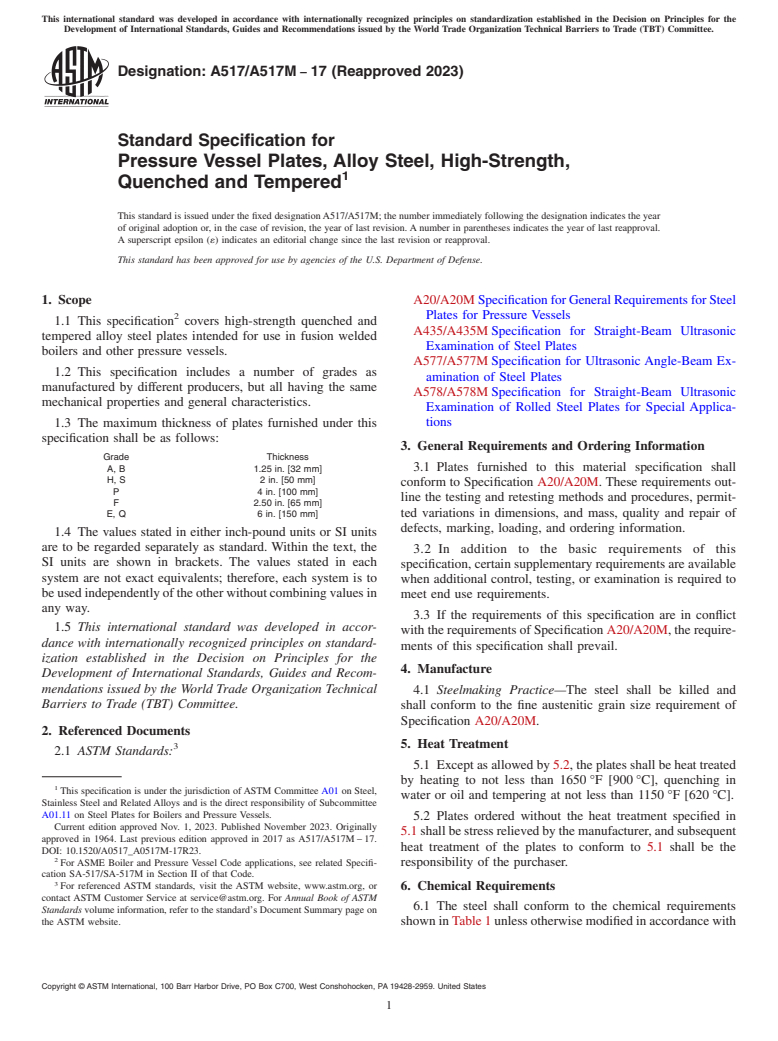 ASTM A517/A517M-17(2023) - Standard Specification for  Pressure Vessel Plates, Alloy Steel, High-Strength, Quenched  and Tempered