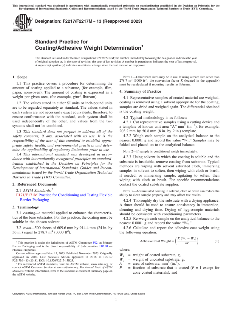 ASTM F2217/F2217M-13(2023) - Standard Practice for  Coating/Adhesive Weight Determination