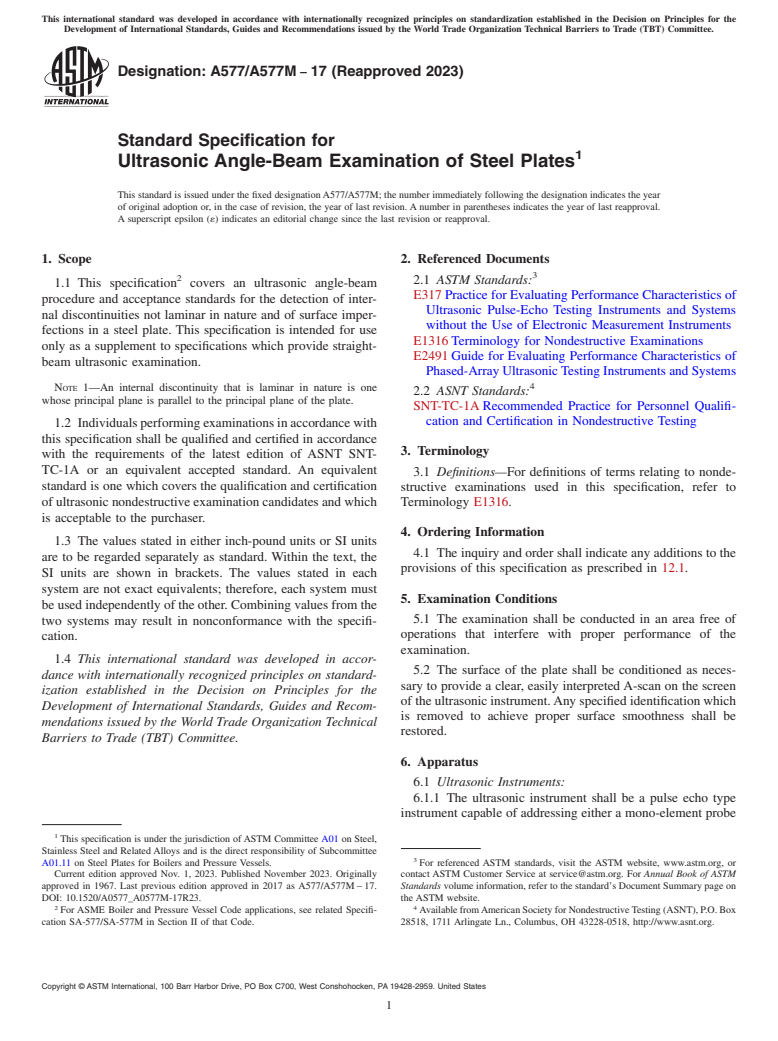 ASTM A577/A577M-17(2023) - Standard Specification for  Ultrasonic Angle-Beam Examination of Steel Plates