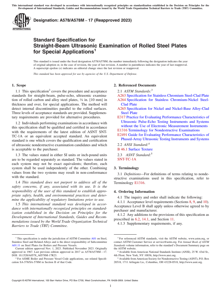 ASTM A578/A578M-17(2023) - Standard Specification for  Straight-Beam Ultrasonic Examination of Rolled Steel Plates  for Special Applications