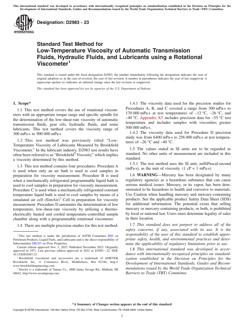 ASTM D2983-23 - Standard Test Method for  Low-Temperature Viscosity of Automatic Transmission Fluids,  Hydraulic Fluids, and Lubricants using a Rotational Viscometer