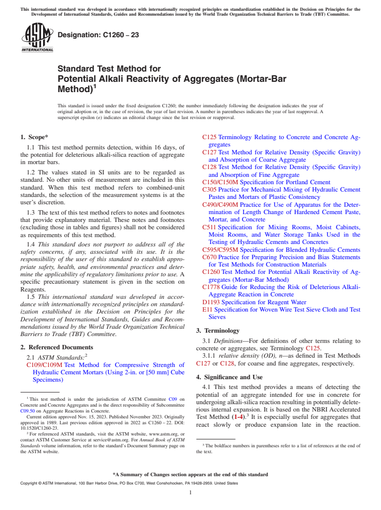 ASTM C1260-23 - Standard Test Method for  Potential Alkali Reactivity of Aggregates (Mortar-Bar Method)