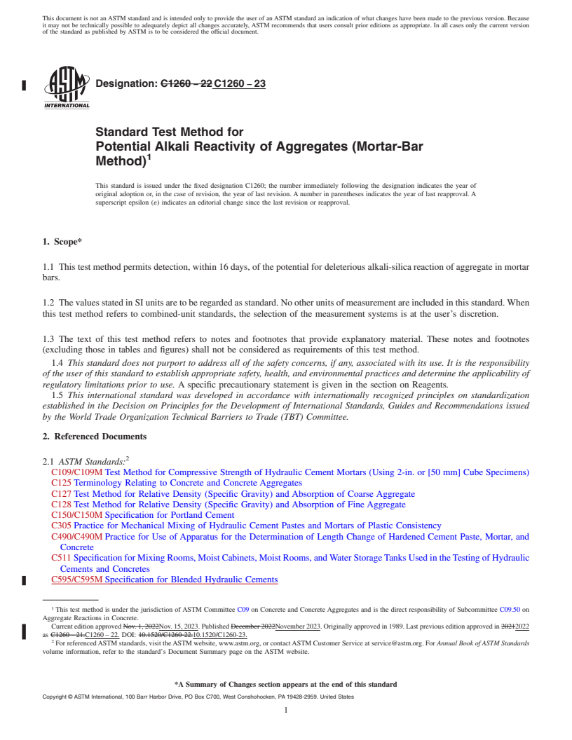 REDLINE ASTM C1260-23 - Standard Test Method for  Potential Alkali Reactivity of Aggregates (Mortar-Bar Method)