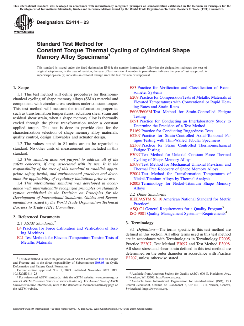 ASTM E3414-23 - Standard Test Method for Constant Torque Thermal Cycling of Cylindrical Shape Memory Alloy Specimens