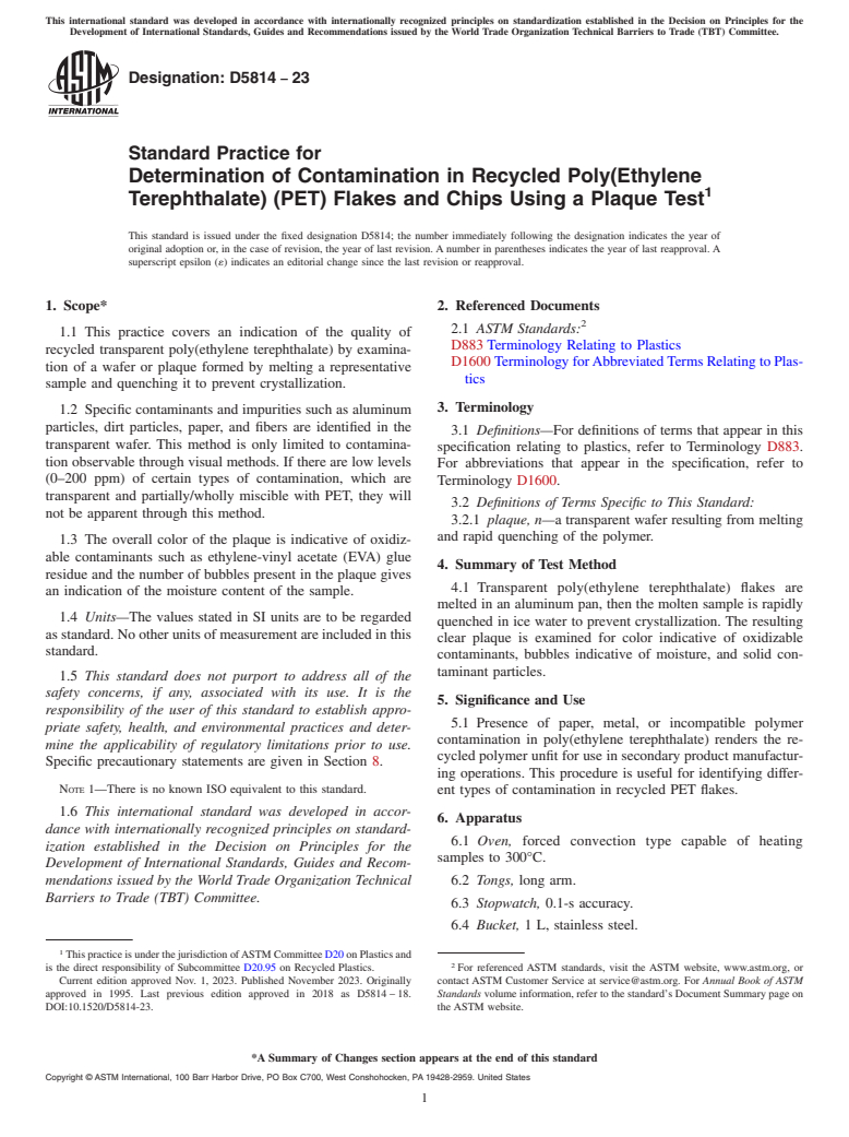 ASTM D5814-23 - Standard Practice for  Determination of Contamination in Recycled Poly(Ethylene Terephthalate)  (PET) Flakes and Chips Using a Plaque Test