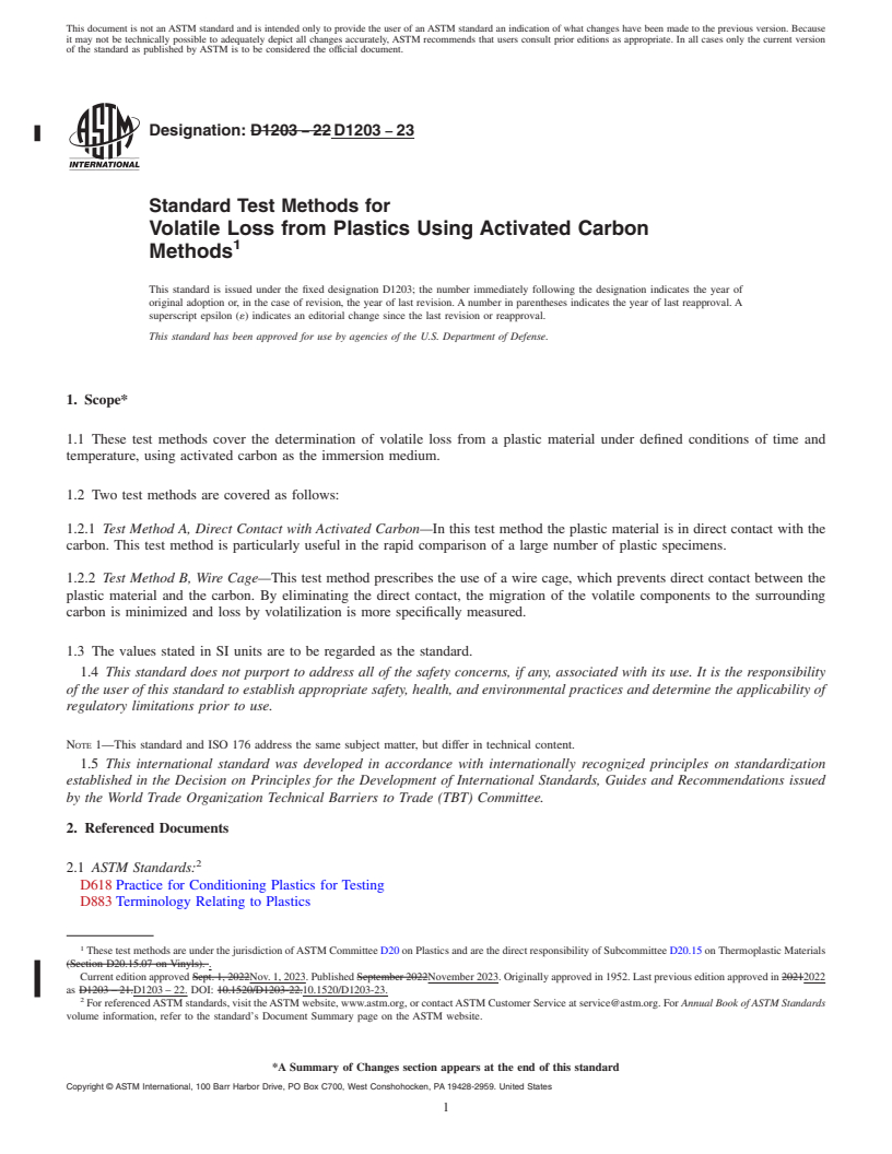 REDLINE ASTM D1203-23 - Standard Test Methods for Volatile Loss from Plastics Using Activated Carbon Methods
