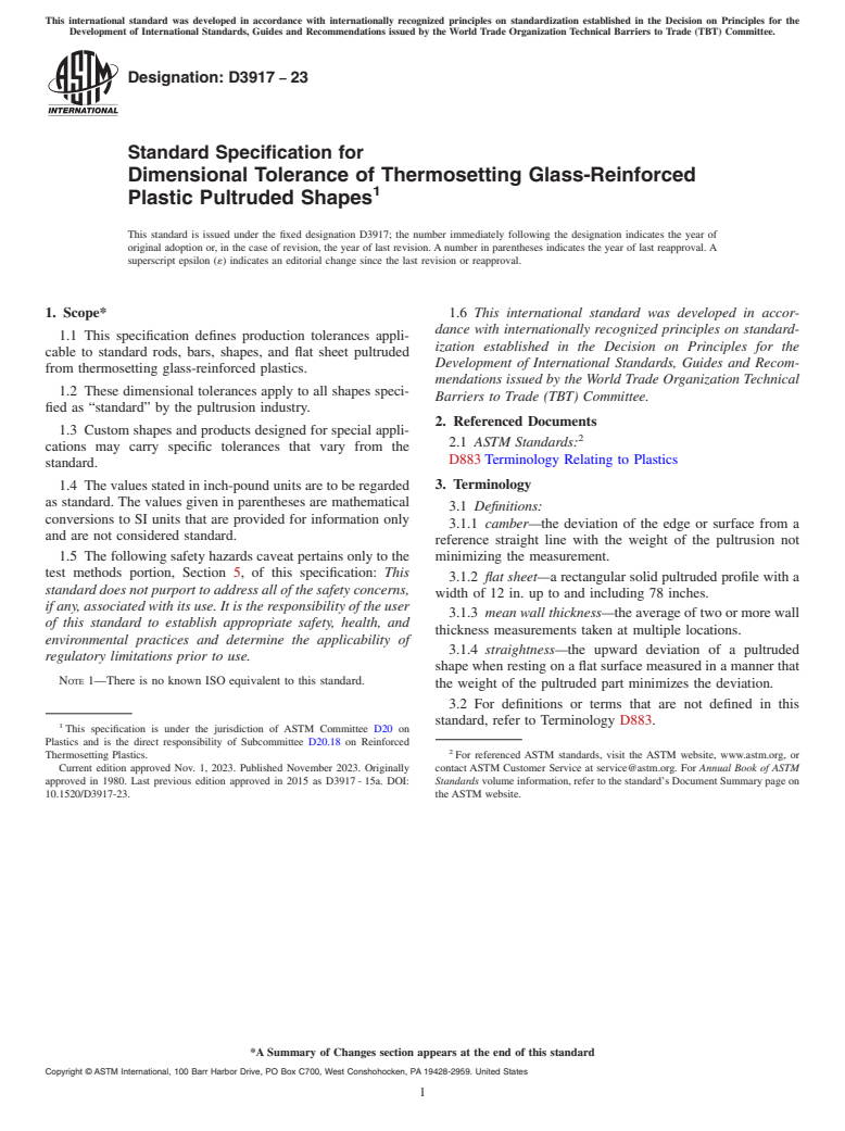 ASTM D3917-23 - Standard Specification for  Dimensional Tolerance of Thermosetting Glass-Reinforced Plastic  Pultruded Shapes