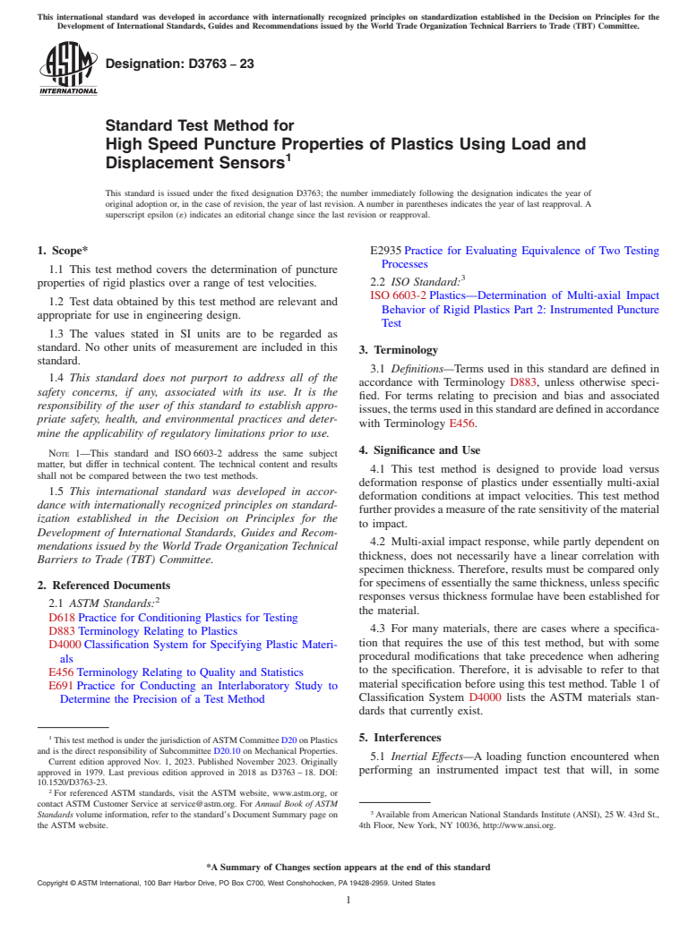ASTM D3763-23 - Standard Test Method for  High Speed Puncture Properties of Plastics Using Load and Displacement  Sensors