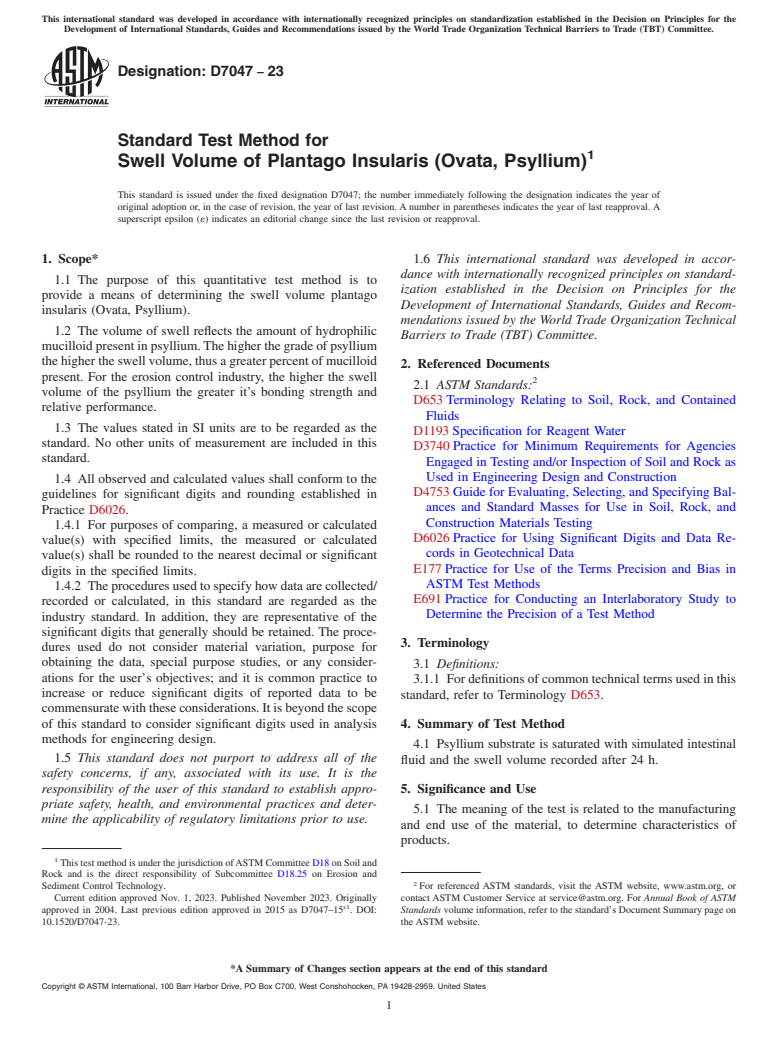 ASTM D7047-23 - Standard Test Method for  Swell Volume of Plantago Insularis (Ovata, Psyllium)