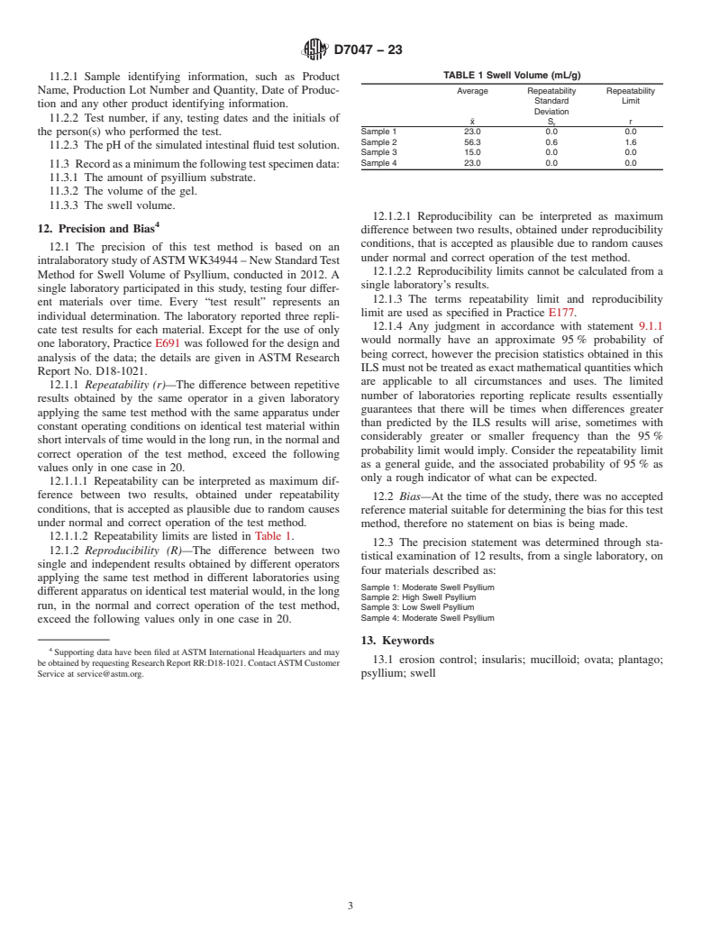 ASTM D7047-23 - Standard Test Method for  Swell Volume of Plantago Insularis (Ovata, Psyllium)