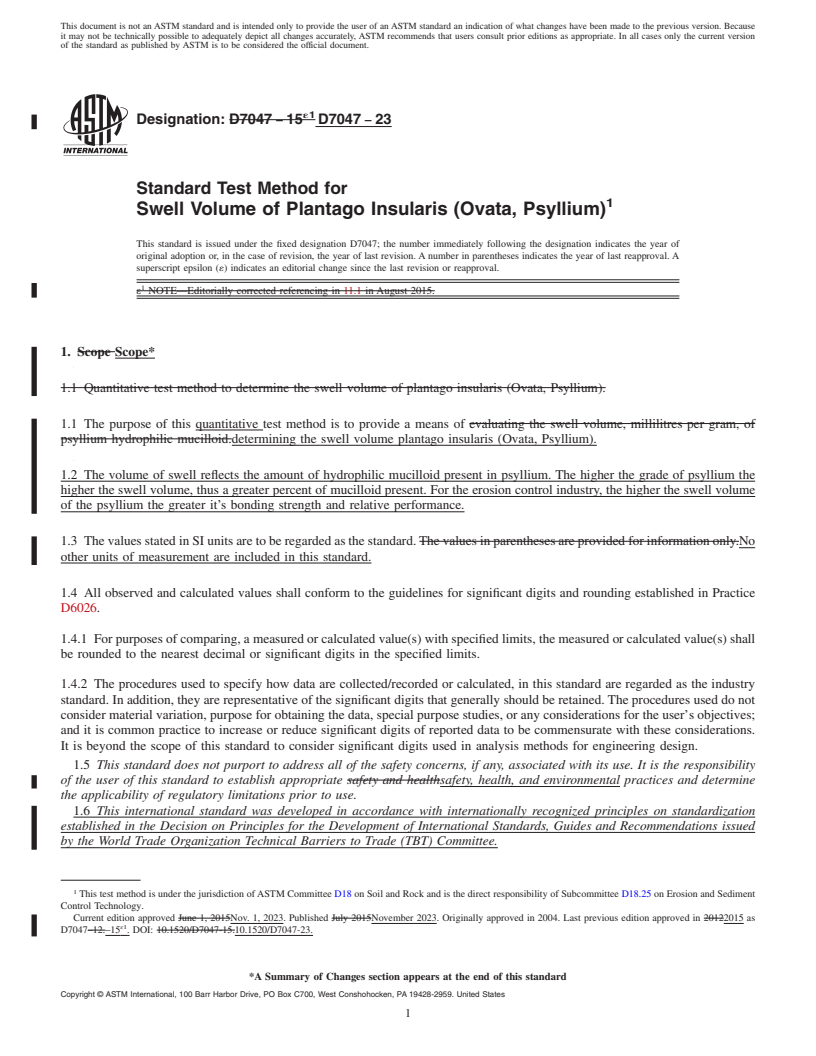 REDLINE ASTM D7047-23 - Standard Test Method for  Swell Volume of Plantago Insularis (Ovata, Psyllium)