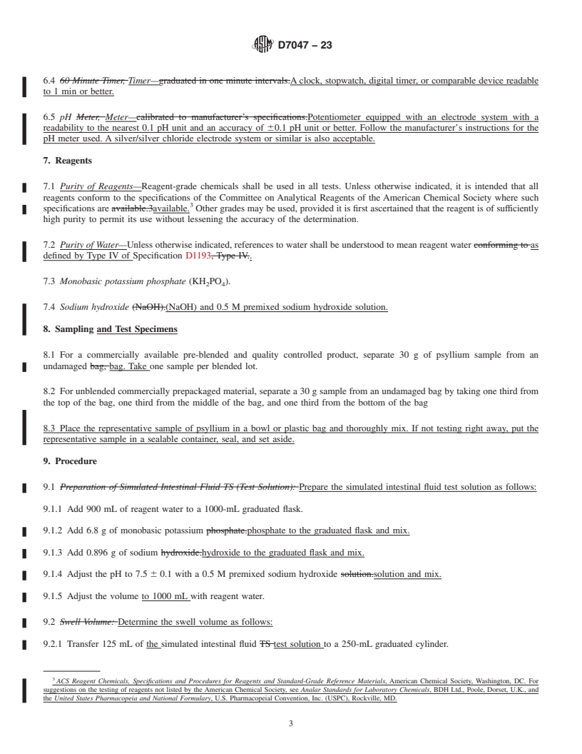 REDLINE ASTM D7047-23 - Standard Test Method for  Swell Volume of Plantago Insularis (Ovata, Psyllium)