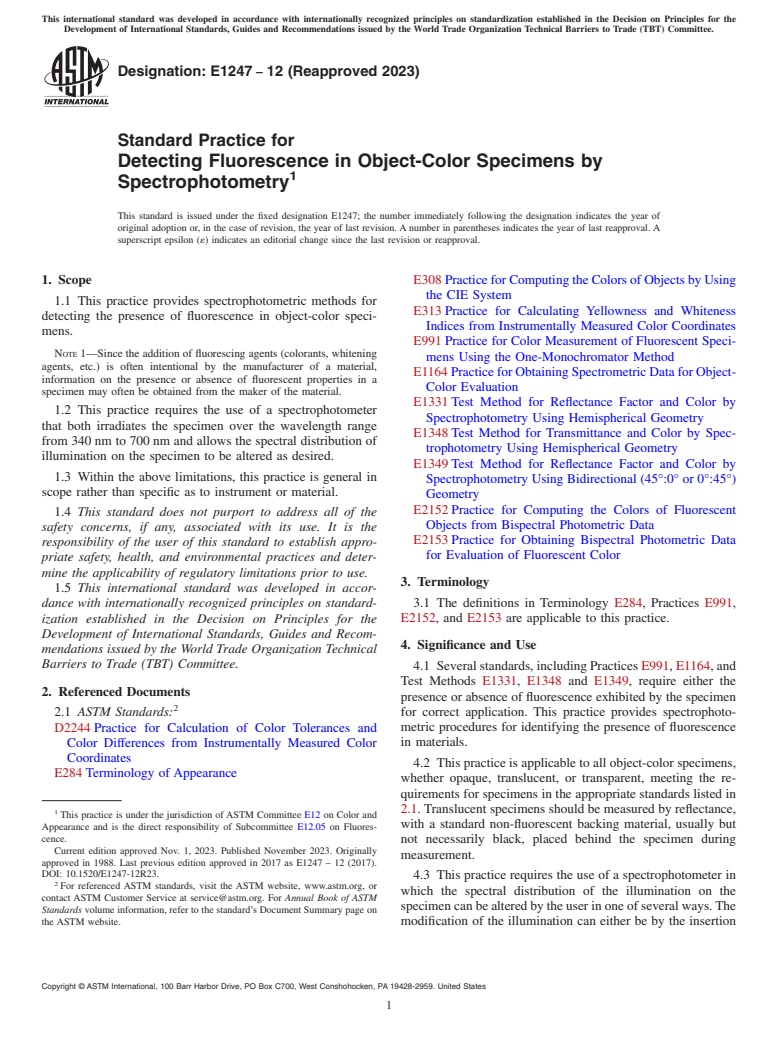 ASTM E1247-12(2023) - Standard Practice for Detecting Fluorescence in Object-Color Specimens by Spectrophotometry