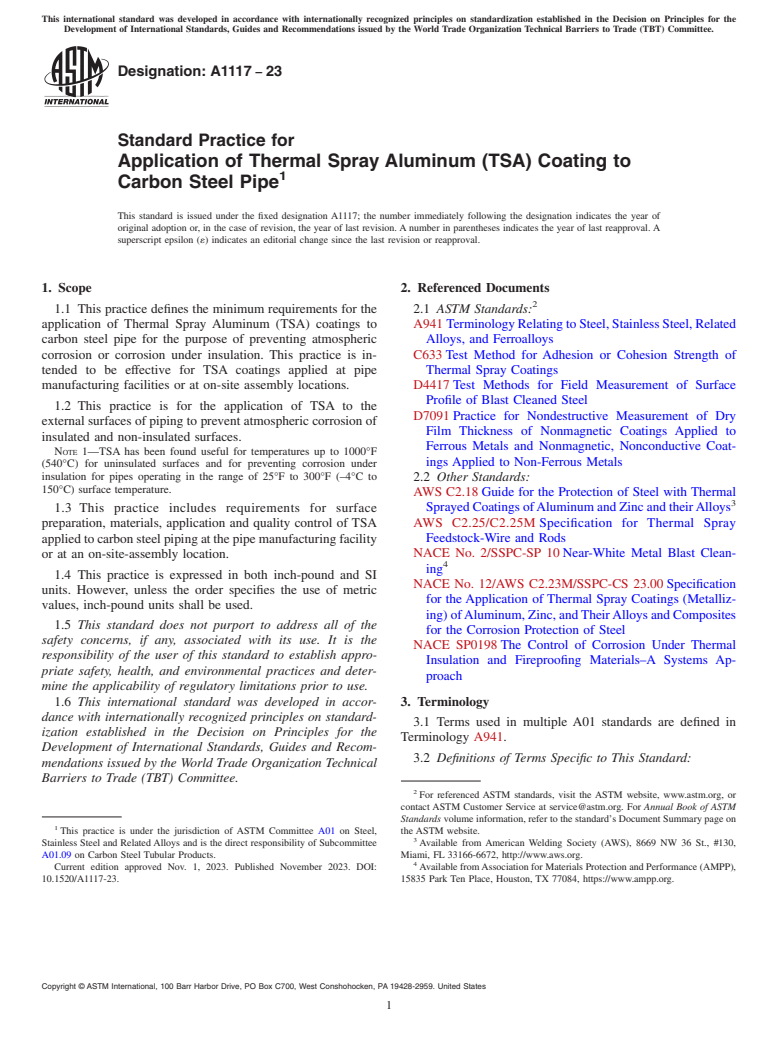 ASTM A1117-23 - Standard Practice for Application of Thermal Spray Aluminum (TSA) Coating to Carbon  Steel Pipe