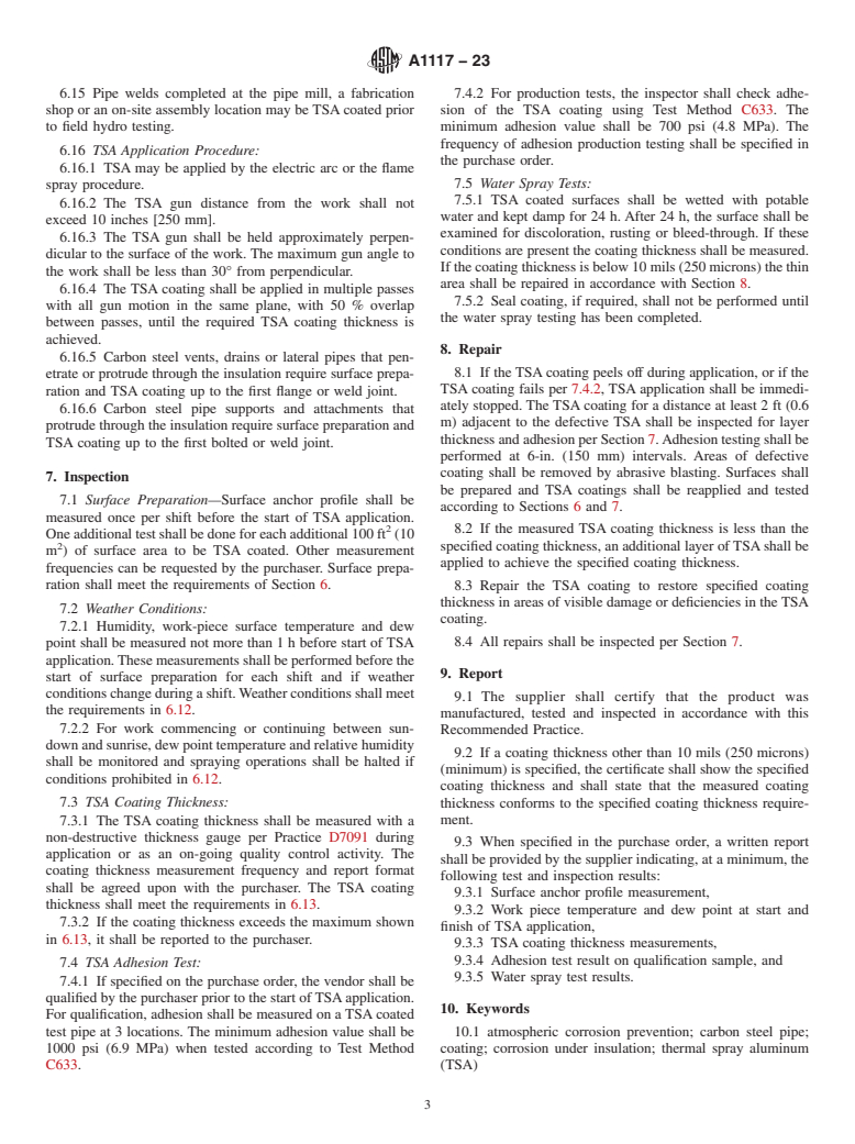 ASTM A1117-23 - Standard Practice for Application of Thermal Spray Aluminum (TSA) Coating to Carbon  Steel Pipe