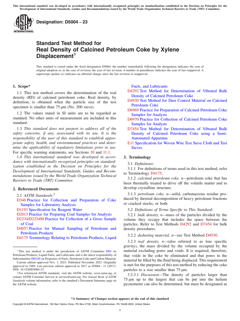 ASTM D5004-23 - Standard Test Method for  Real Density of Calcined Petroleum Coke by Xylene Displacement