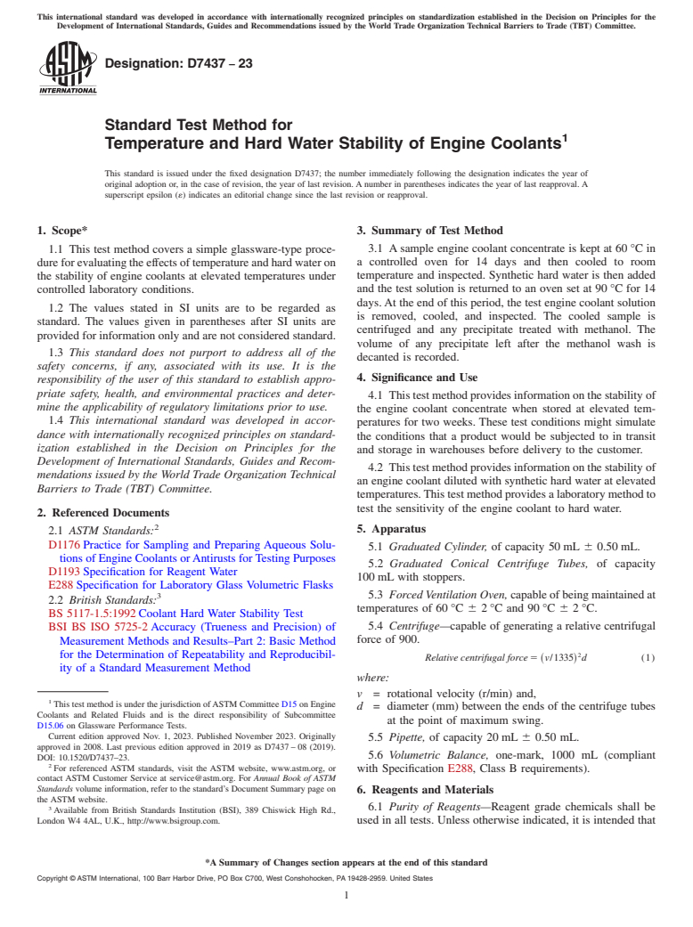 ASTM D7437-23 - Standard Test Method for Temperature and Hard Water Stability of Engine Coolants