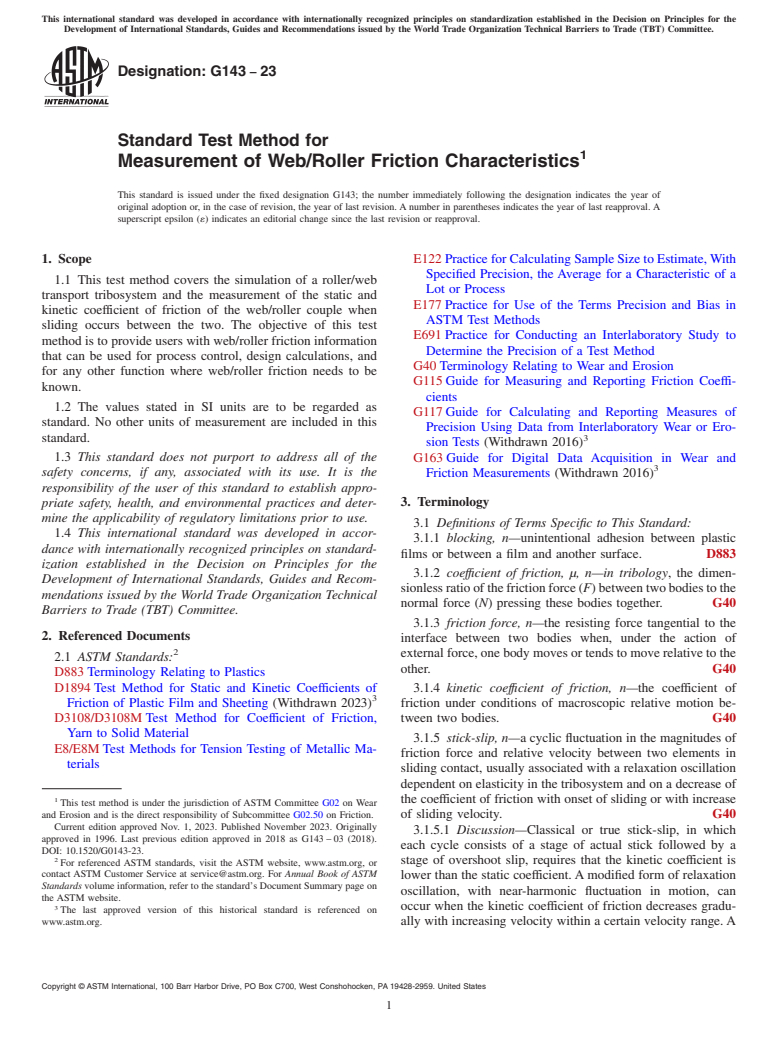 ASTM G143-23 - Standard Test Method for  Measurement of Web/Roller Friction Characteristics