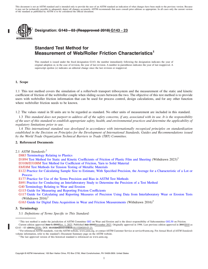 REDLINE ASTM G143-23 - Standard Test Method for  Measurement of Web/Roller Friction Characteristics