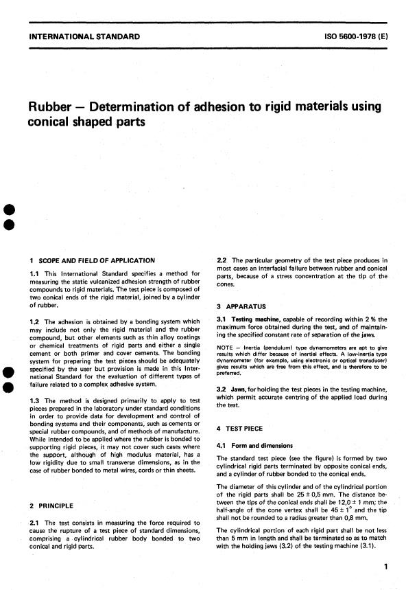 ISO 5600:1979 - Rubber -- Determination of adhesion to rigid materials using conical shaped parts