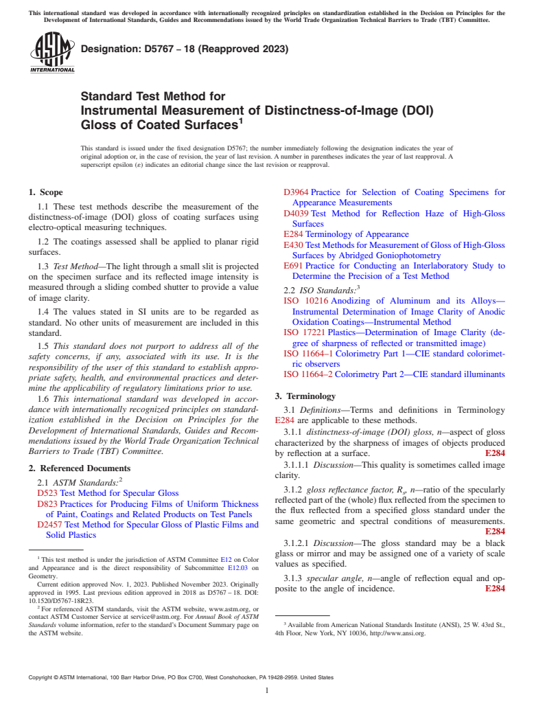 ASTM D5767-18(2023) - Standard Test Method for Instrumental Measurement of Distinctness-of-Image (DOI) Gloss  of  Coated   Surfaces