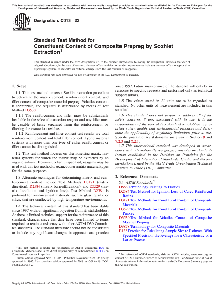ASTM C613-23 - Standard Test Method for  Constituent Content of Composite Prepreg by Soxhlet Extraction