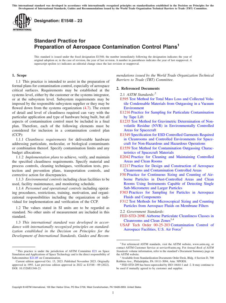 ASTM E1548-23 - Standard Practice for  Preparation of Aerospace Contamination Control Plans