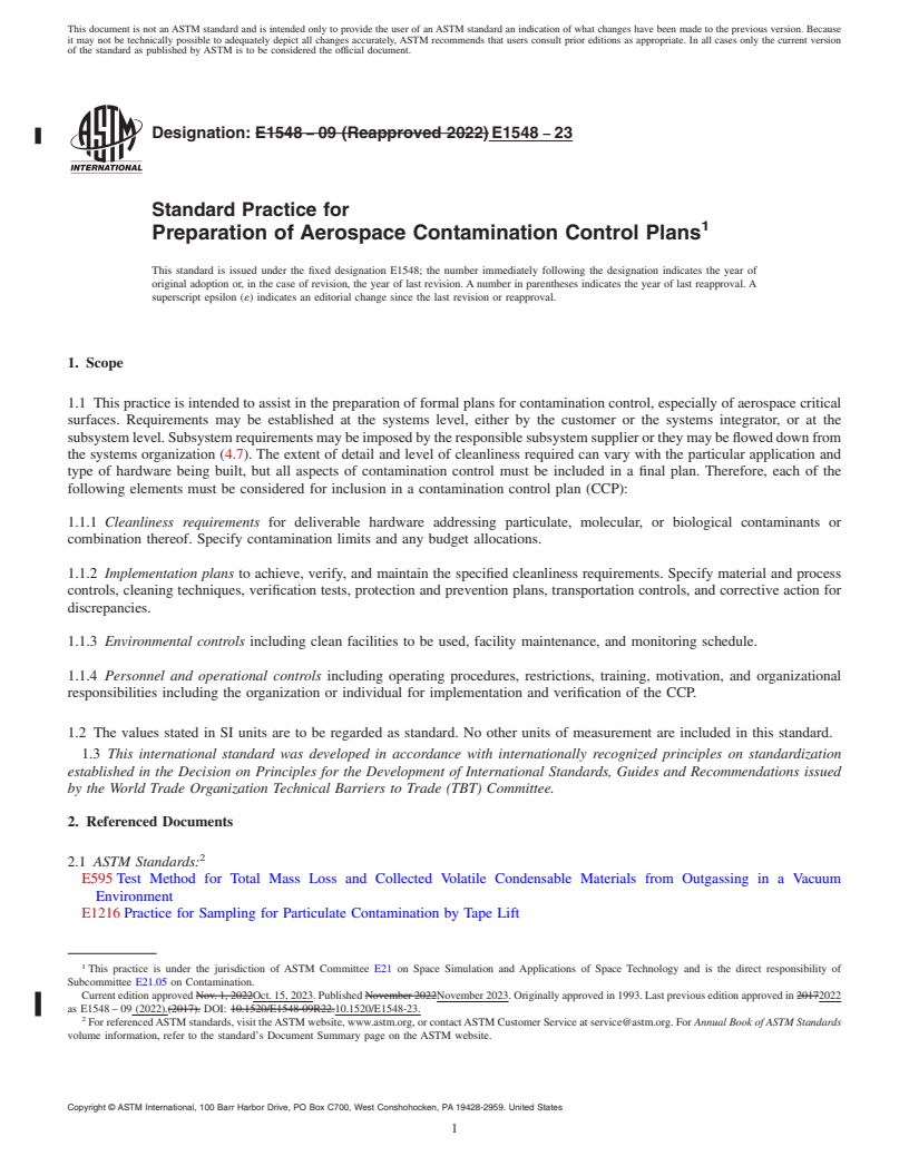 REDLINE ASTM E1548-23 - Standard Practice for  Preparation of Aerospace Contamination Control Plans