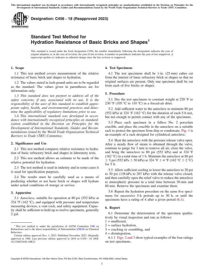 ASTM C456-18(2023) - Standard Test Method for  Hydration Resistance of Basic Bricks and Shapes