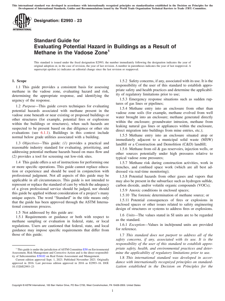 ASTM E2993-23 - Standard Guide for Evaluating Potential Hazard in Buildings as a Result of Methane  in the Vadose Zone