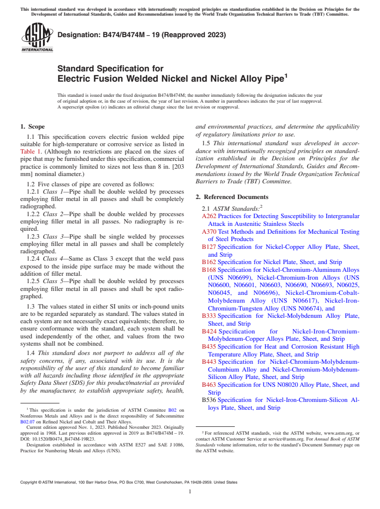 ASTM B474/B474M-19(2023) - Standard Specification for Electric Fusion Welded Nickel and Nickel Alloy Pipe