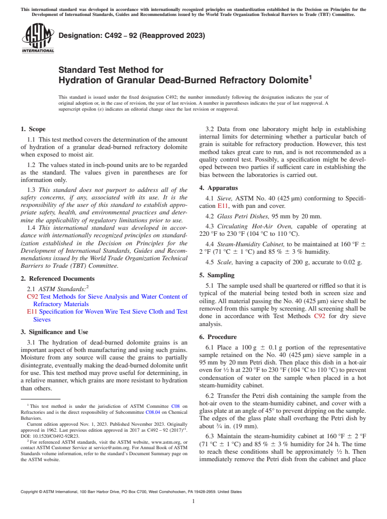 ASTM C492-92(2023) - Standard Test Method for  Hydration of Granular Dead-Burned Refractory Dolomite