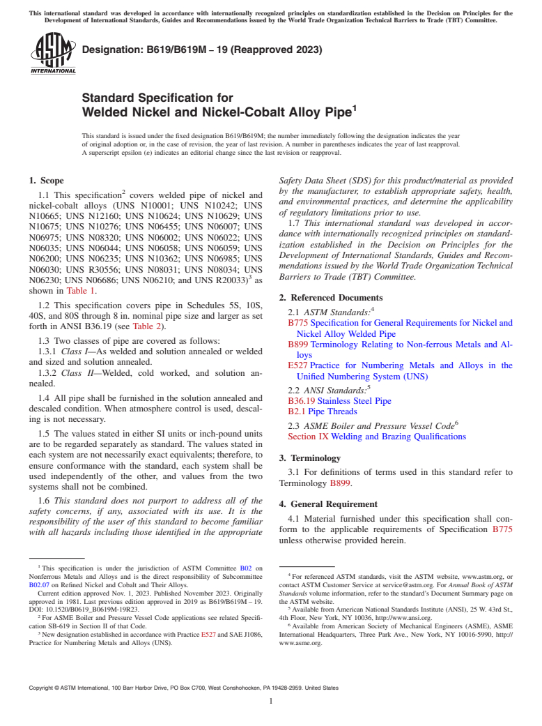 ASTM B619/B619M-19(2023) - Standard Specification for Welded Nickel and Nickel-Cobalt Alloy Pipe