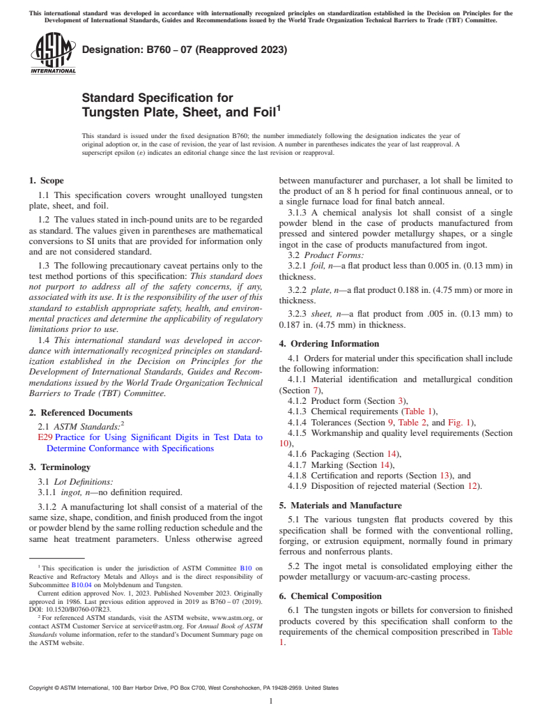 ASTM B760-07(2023) - Standard Specification for Tungsten Plate, Sheet, and Foil