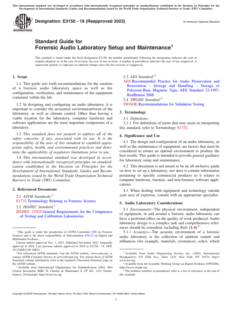 ASTM E3150-18(2023) - Standard Guide for Forensic Audio Laboratory Setup and Maintenance