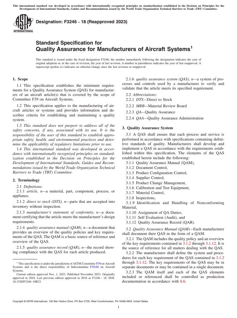 ASTM F3246-18(2023) - Standard Specification for Quality Assurance for Manufacturers of Aircraft Systems