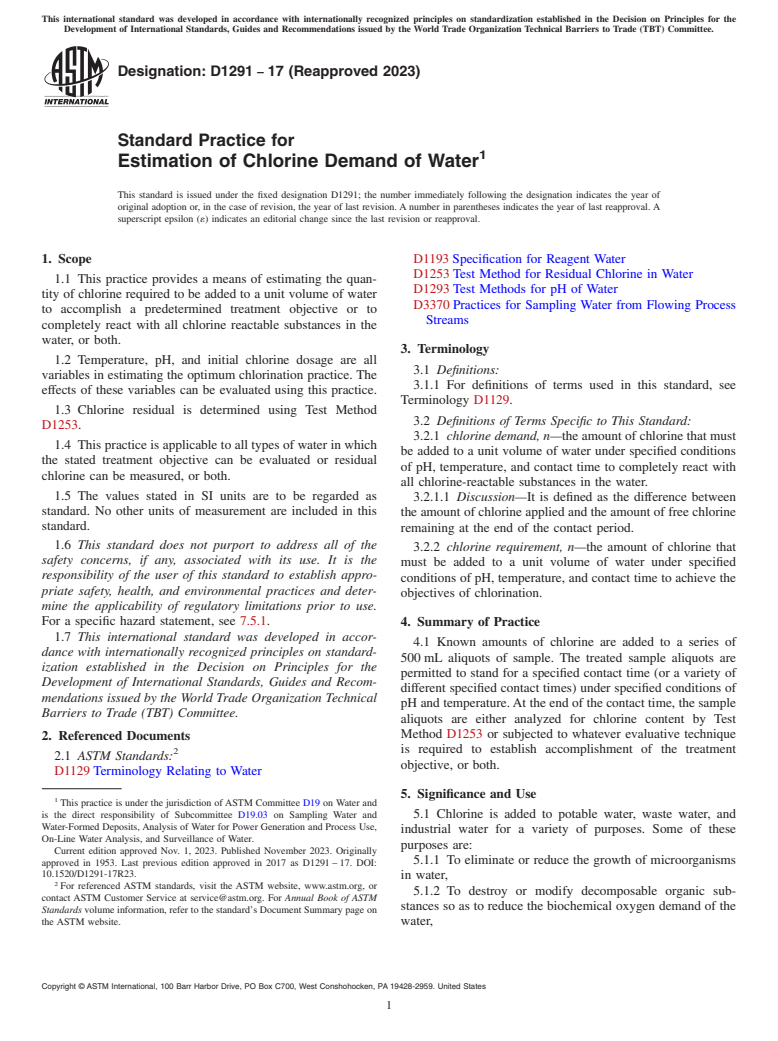 ASTM D1291-17(2023) - Standard Practice for  Estimation of Chlorine Demand of Water