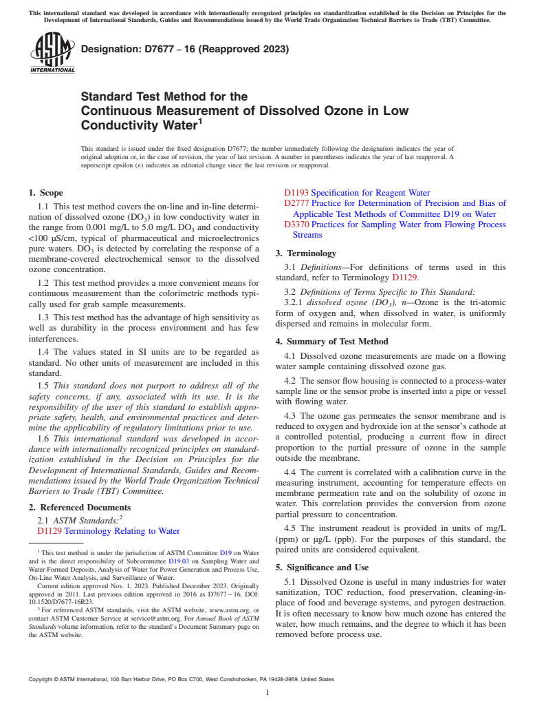 ASTM D7677-16(2023) - Standard Test Method for the  Continuous Measurement of Dissolved Ozone in Low Conductivity   Water