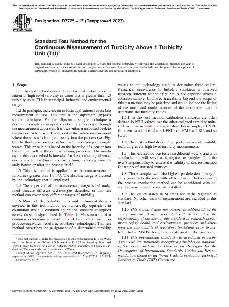 ASTM D7725-17(2023) - Standard Test Method for the  Continuous Measurement of Turbidity Above 1 Turbidity Unit  (TU)